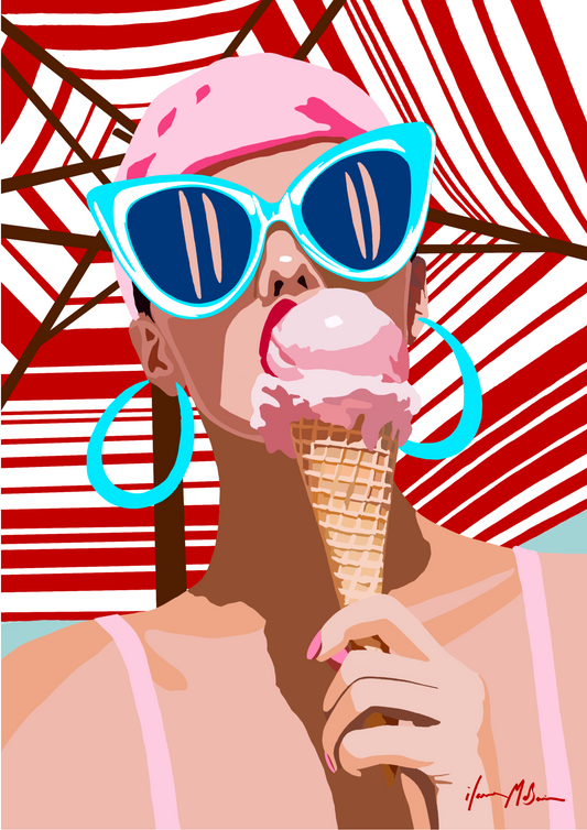 A girl wearing sunglasses and a pink hat, holding an ice cream cone against a red and white striped beach umbrella background.