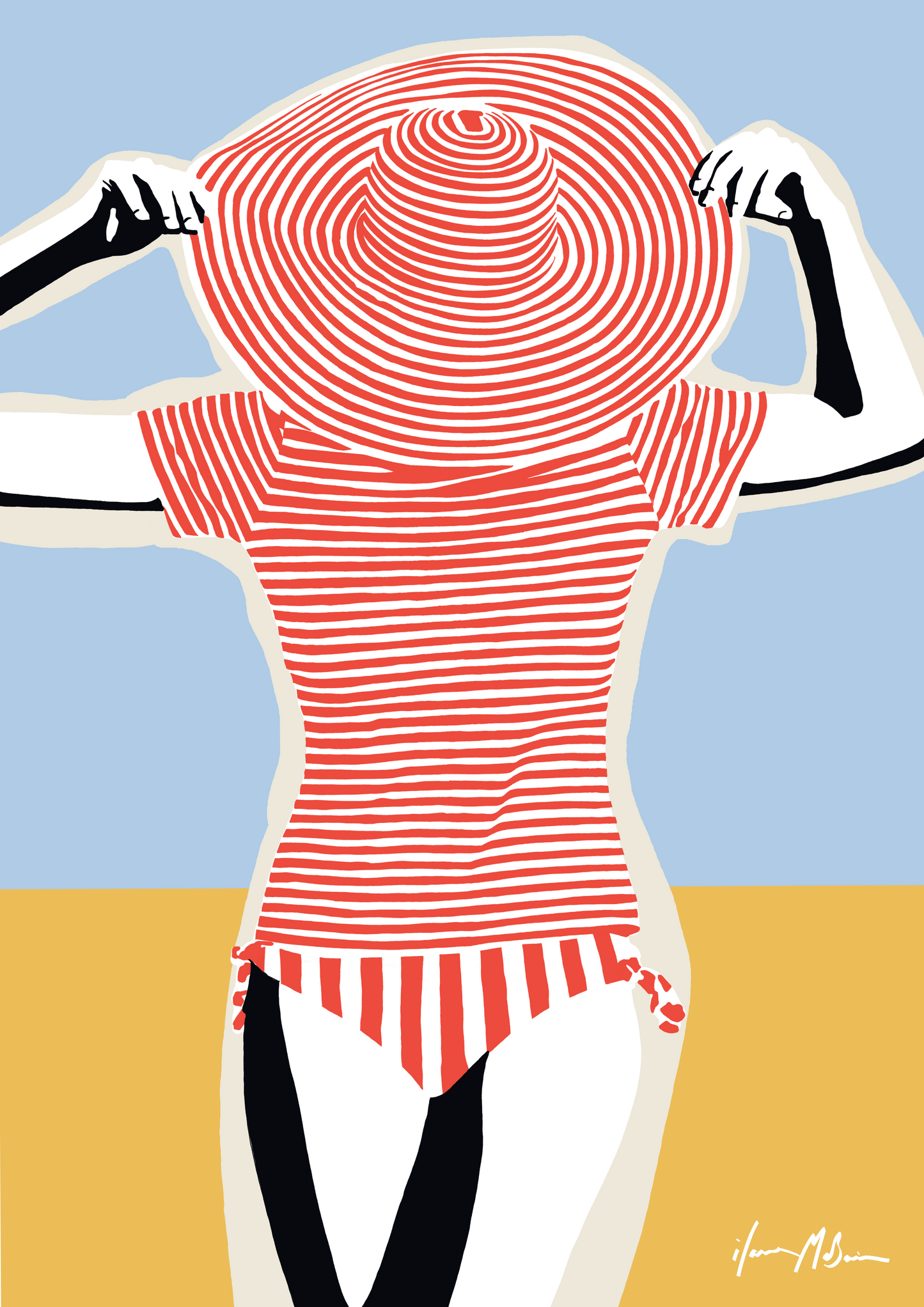 Surreal illustration of a woman wearing a red and white striped swimsuit with a blue sky and sand background.