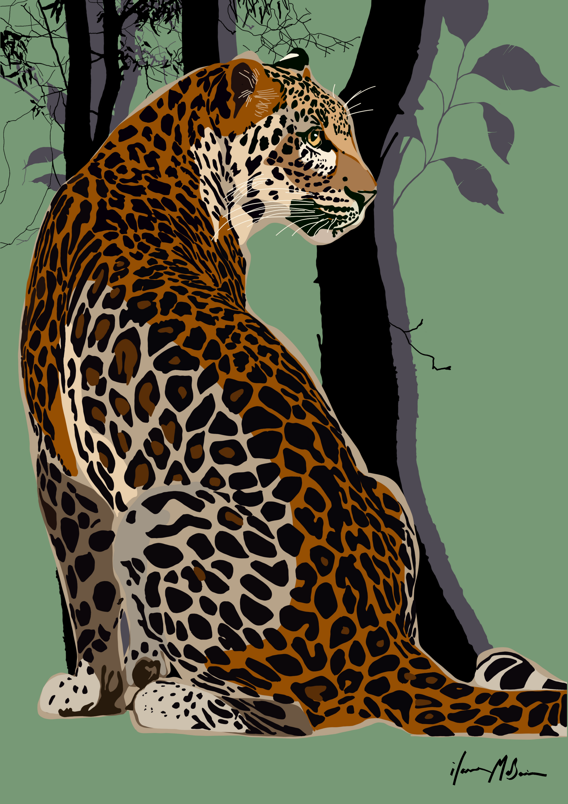 Leopard sitting in a forest with trees and leaves in the background