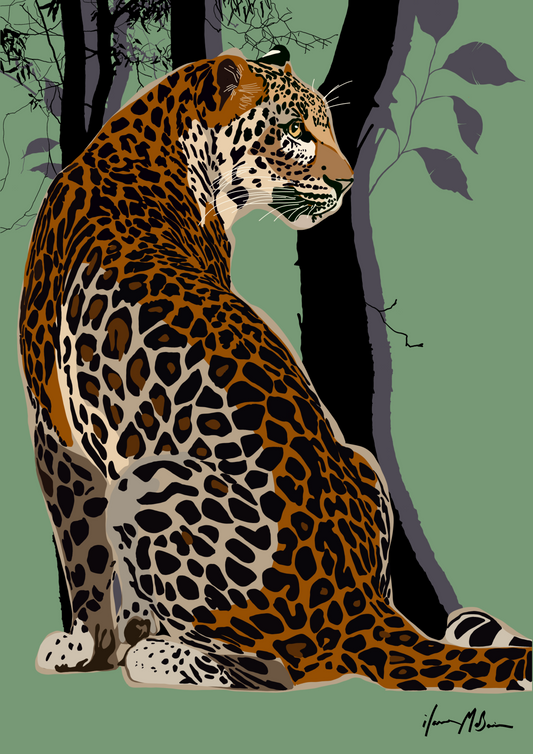 Leopard sitting in a forest with trees and leaves in the background
