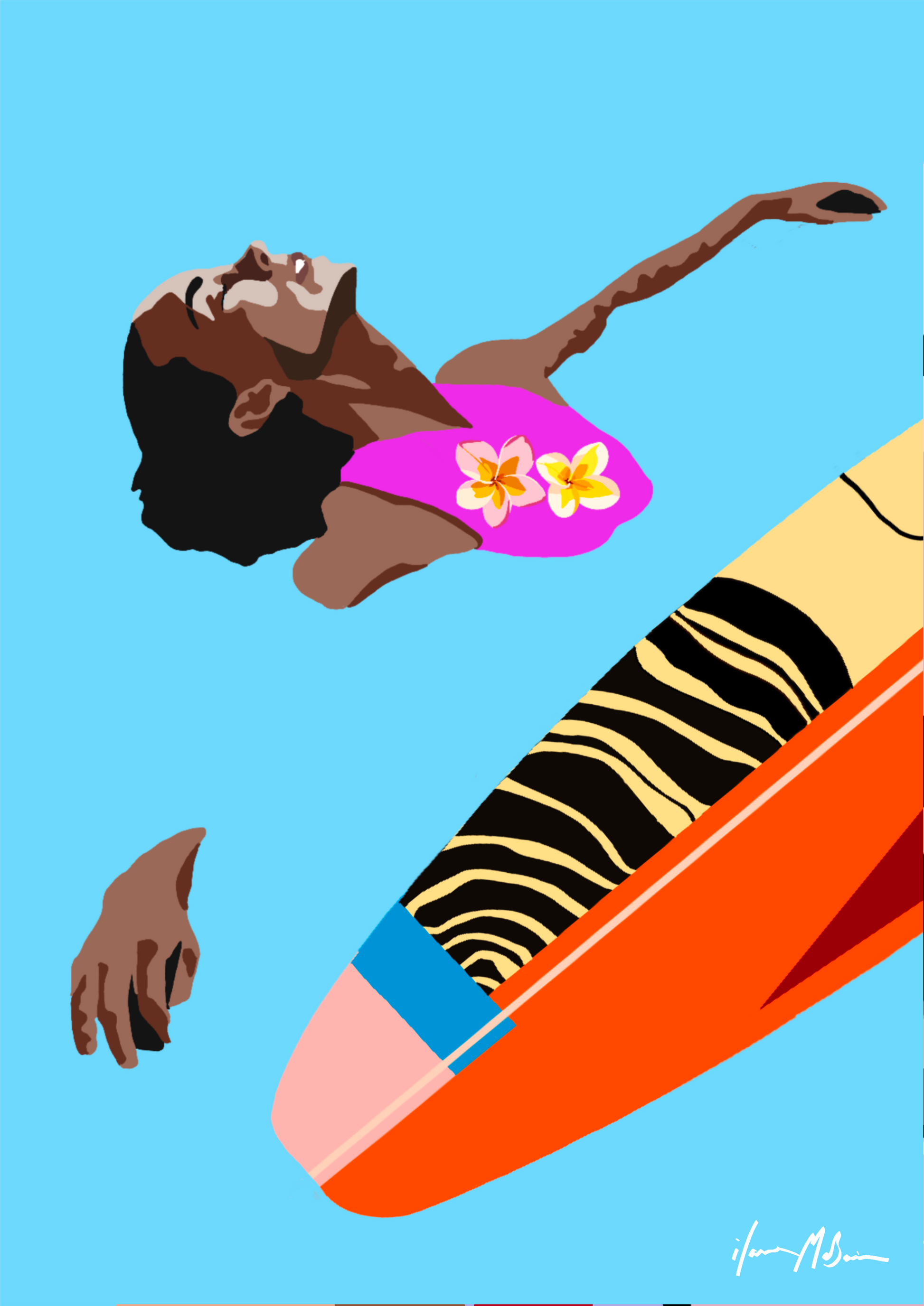 Illustration of a woman in a pink swimsuit with flowers on an orange and yellow surfboard floating on blue water with an colourful surfboard.