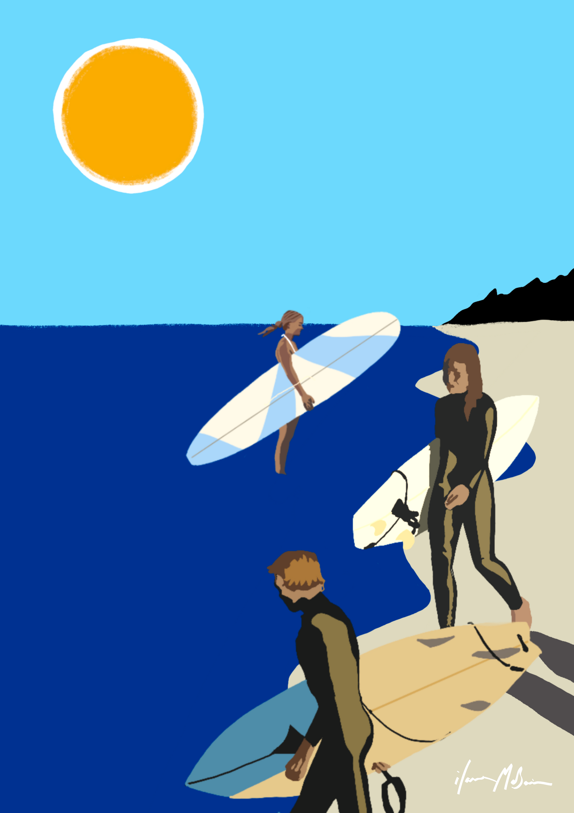 Illustration of three surfers with their boards on a beach under a blue sky and sun.