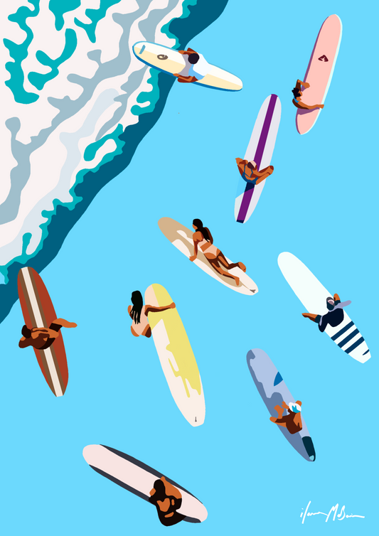 Illustration of people on surfboards with a blue sky and wave background