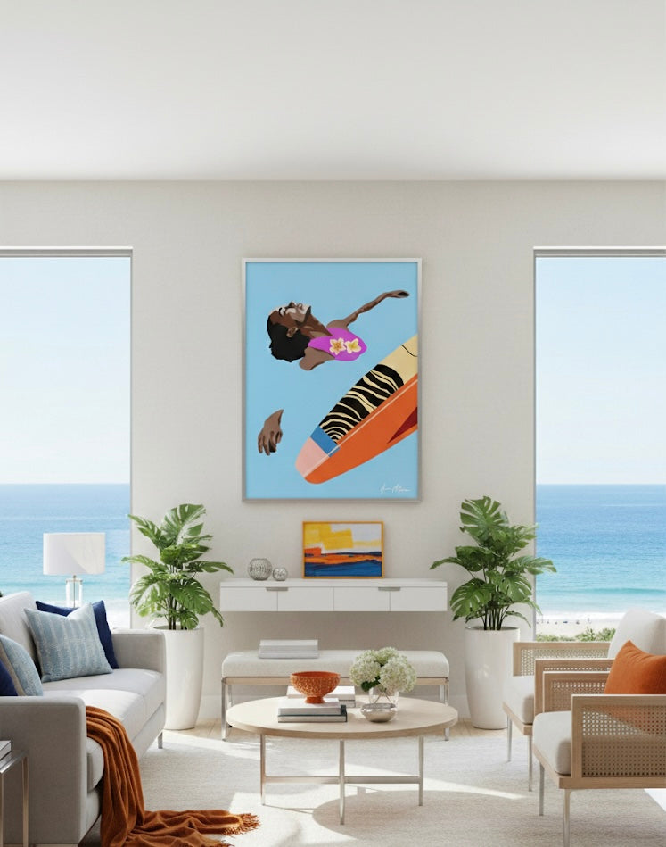 Modern living room with a colourful abstract painting of a woman in a pink swimsuit with frangipani flowers, floating on calm blue water with her colourful surfboard.