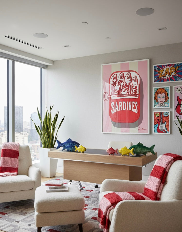 Modern living room with colourful Art print painting of a sardine in a can on a pink and off white striped background.