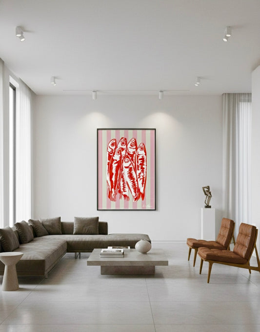 Sardines in Stripes – Rose - Pop Art - Special Edition Print In a luxury living room 