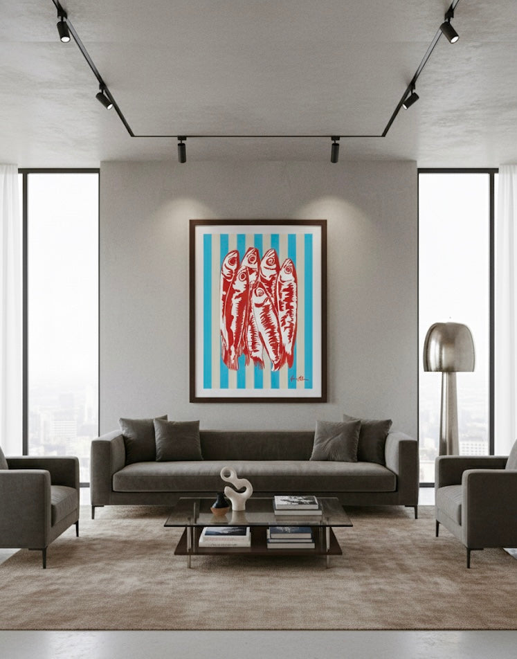 Sardines in Stripes - Blue - Pop Art - Special Edition Print In a luxury living room 