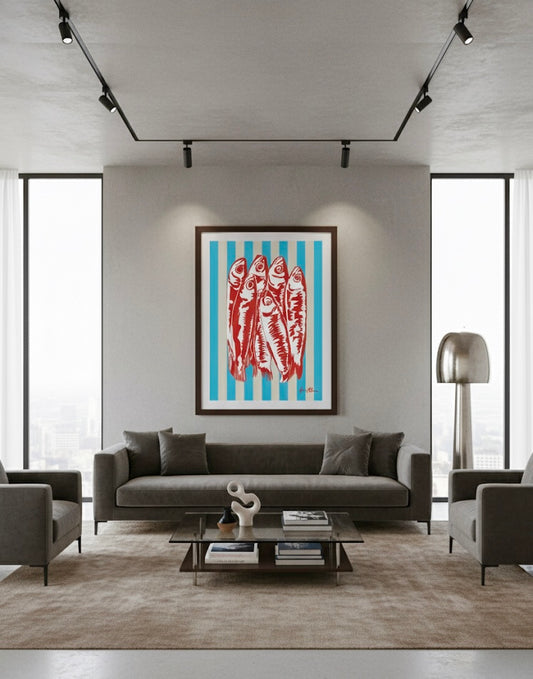 Sardines in Stripes - Blue - Pop Art - Special Edition Print In a luxury living room 