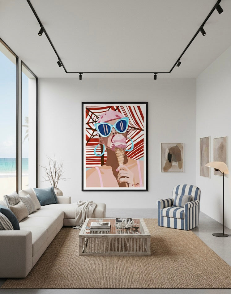 Girl Eating Ice Cream on the Beach - A Retro Beach Scene - Special Edition Print In a luxury living room 