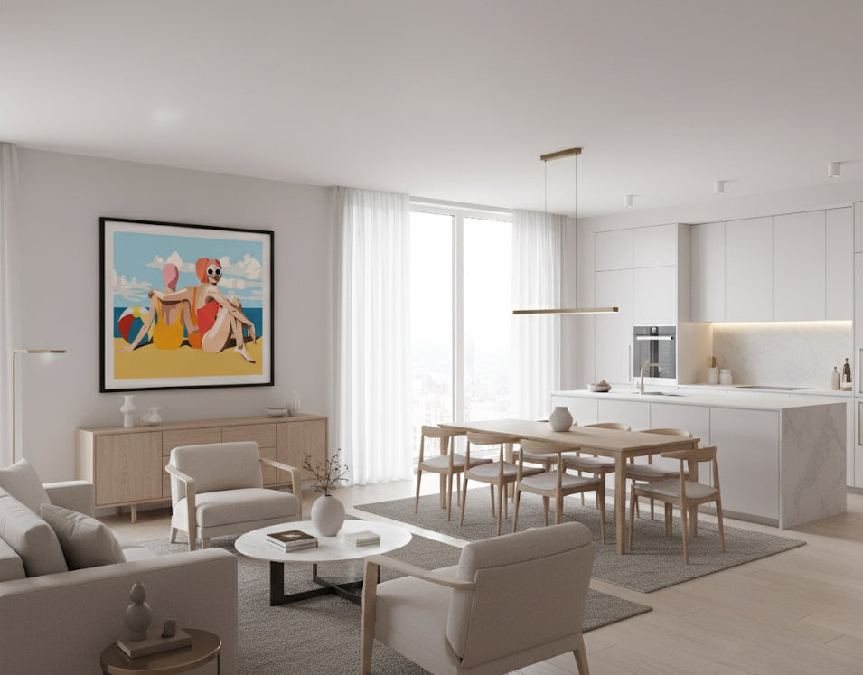 Girlfriends on the beach retro artwork Modern living room with a dining area and kitchen in a bright, minimalistic home.