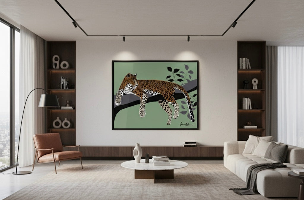 Modern living room with a leopard painting on the wall