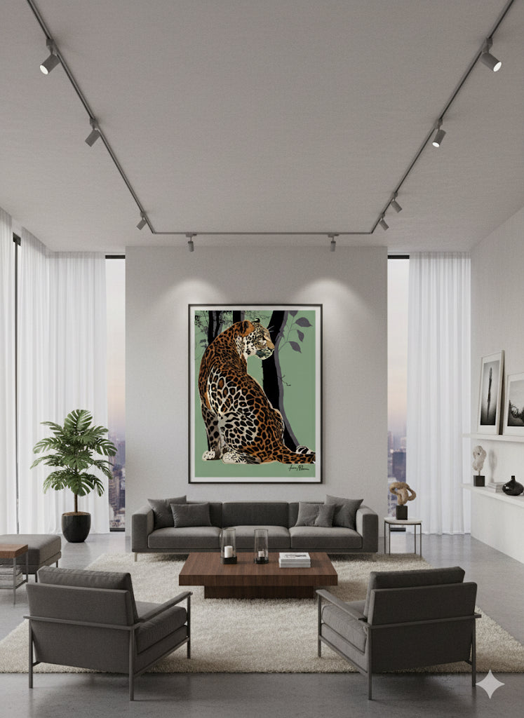 Modern living room with a large framed picture of a leopard on the wall.