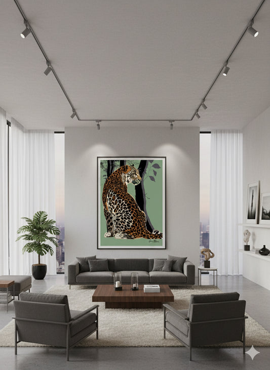 Modern living room with a large framed picture of a leopard on the wall.