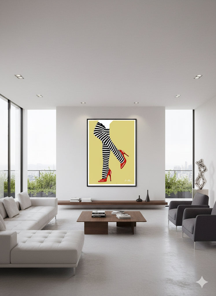 Modern living room with a colourful abstract painting of black and white striped stockings with red high heels on a golden yellow background on the wall.