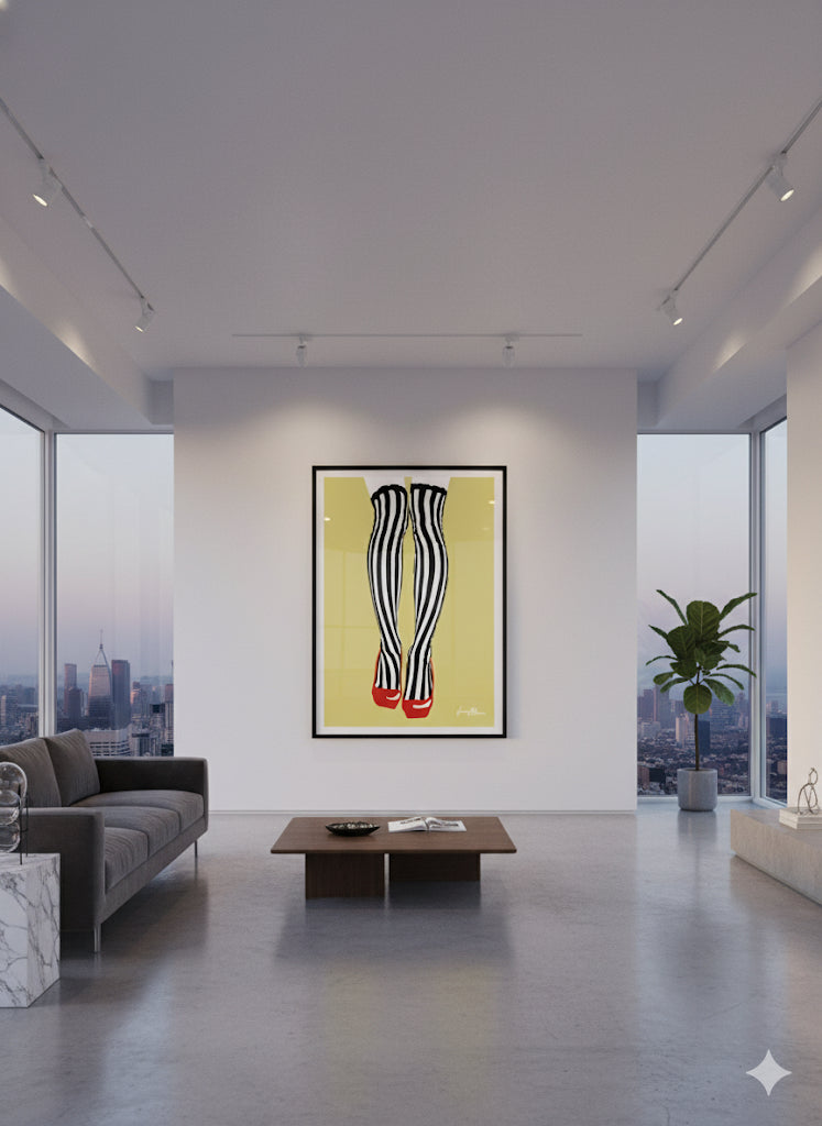Modern living room with a large abstract painting of striped legs on a white wall.