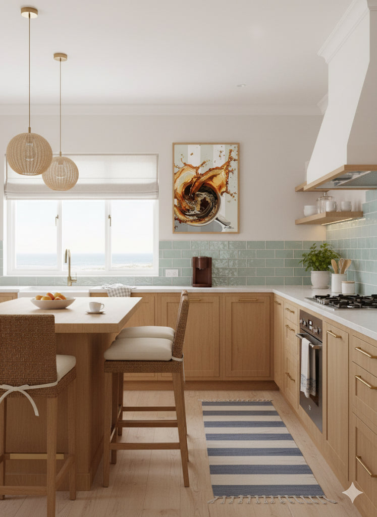 Modern kitchen with wooden cabinets, a dining table, and a striped rug and a dynamic art print of coffee splashing from a cup on a background of white a beige stripes.