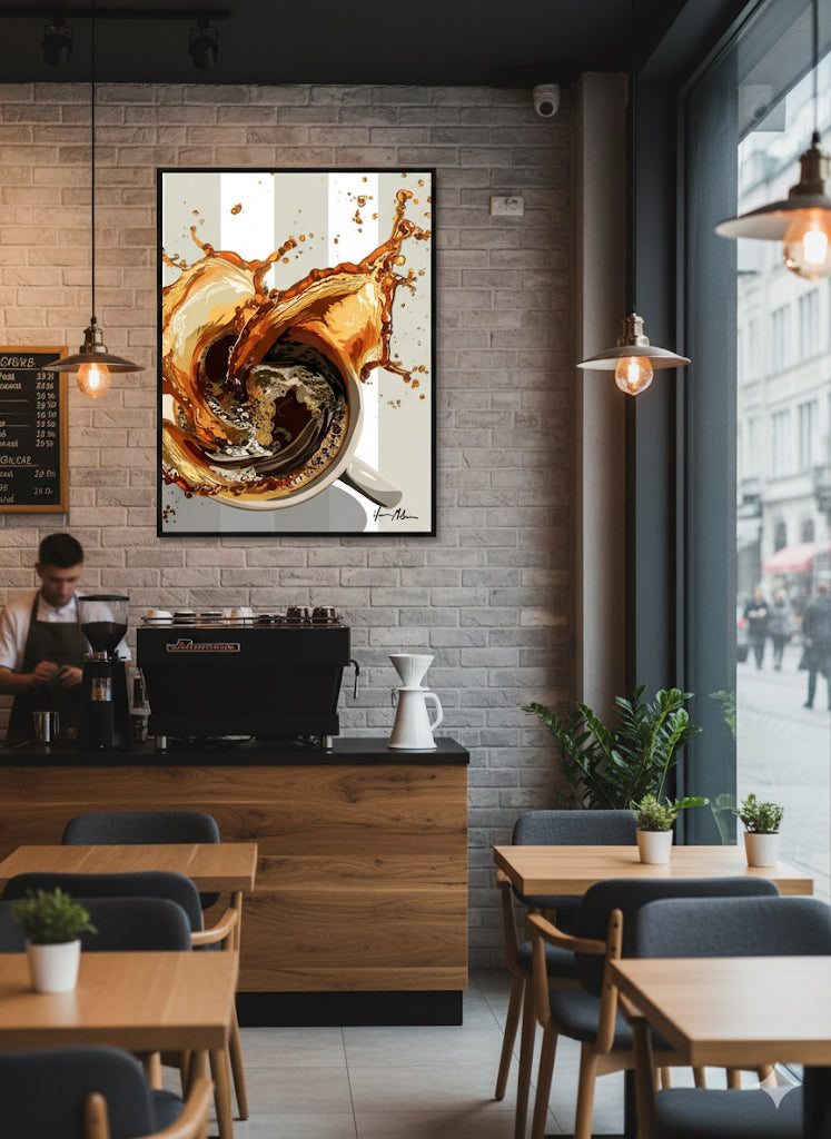 Modern cafe interior with a Dynamic art print of coffee splashing from a cup on a background of white a beige stripes. Wall art piece.