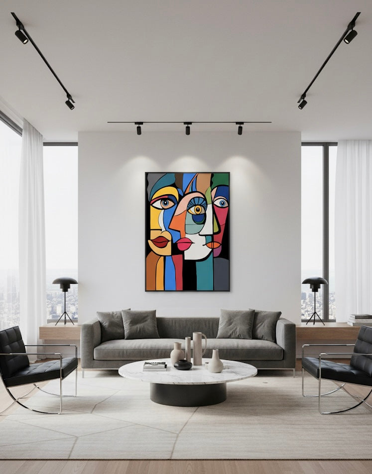 Modern living room with a colorful abstract painting on the wall