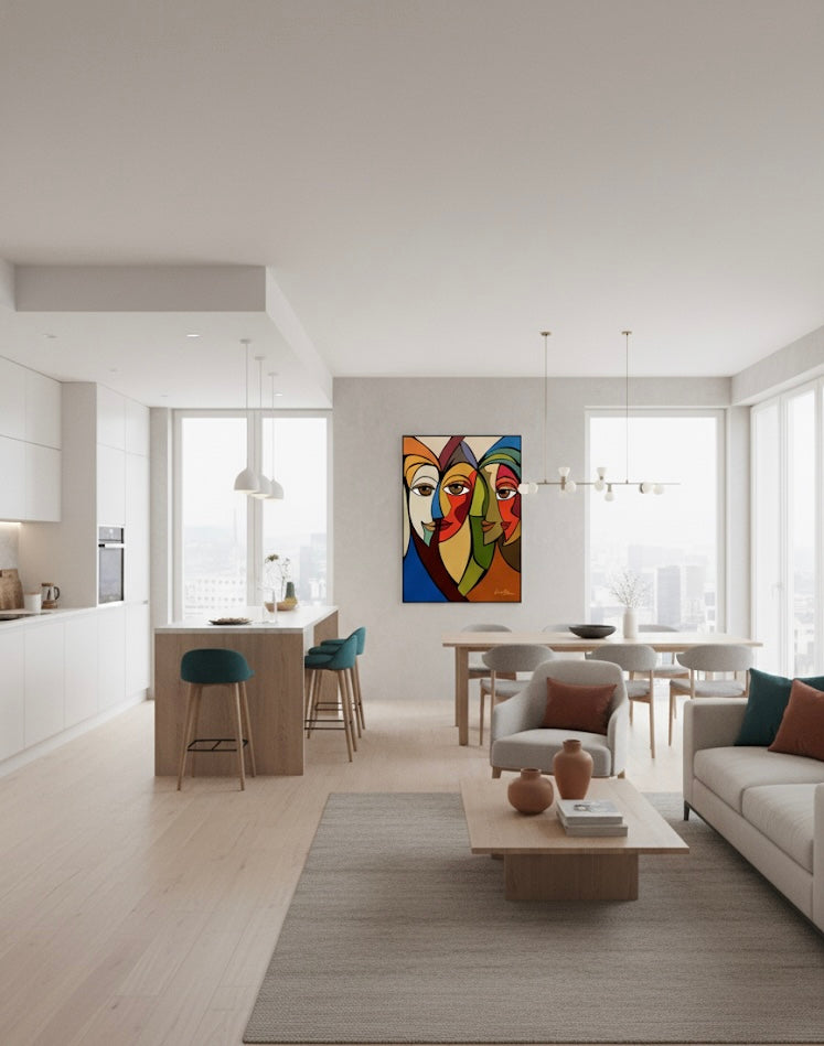 Modern living room with a colourful abstract painting on the wall. Abstract Intimacy – Art print by Ilana McBain