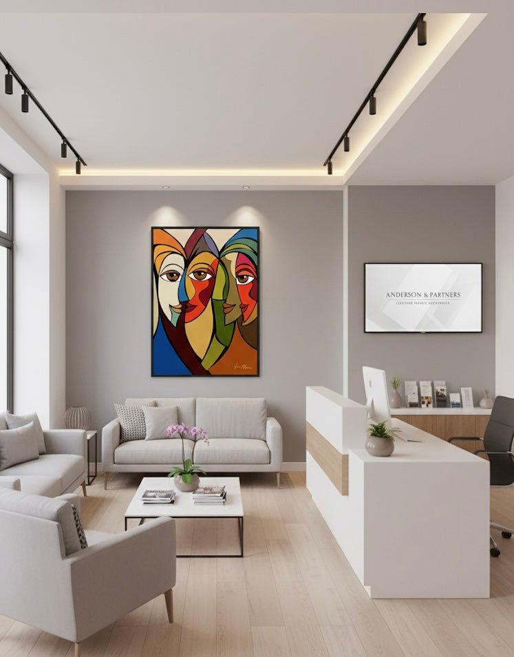 Modern office interior with gray walls, colorful abstract art, and a reception desk. Abstract Intimacy – Art print by Ilana McBain