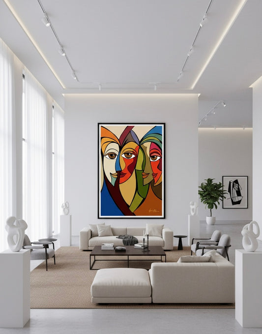 Modern living room with a colourful abstract painting on the wall. Abstract Intimacy – Original Art Special edition art print.