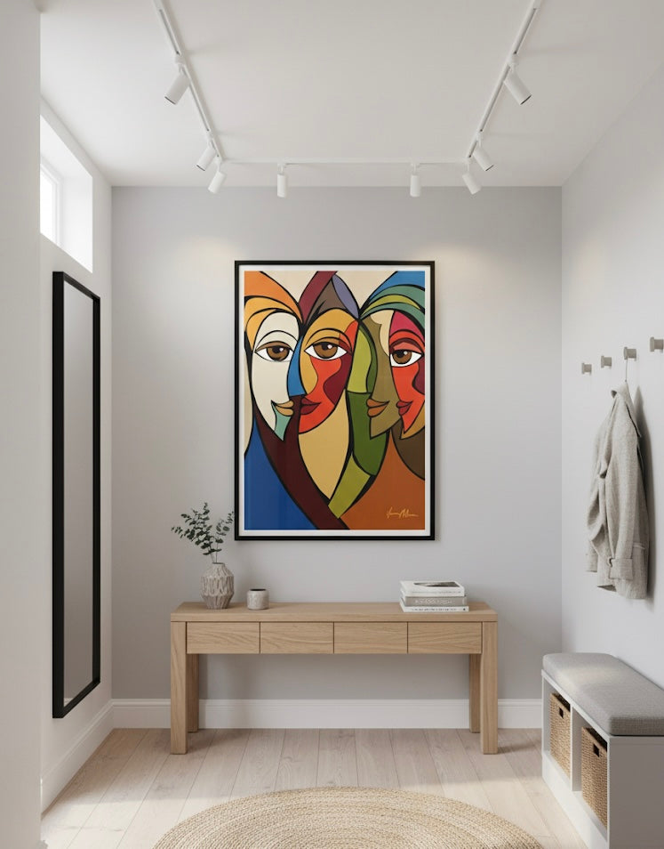 Modern interior with a colorful abstract art piece on the wall above a wooden console table. Abstract Intimacy – Art print by Ilana McBain