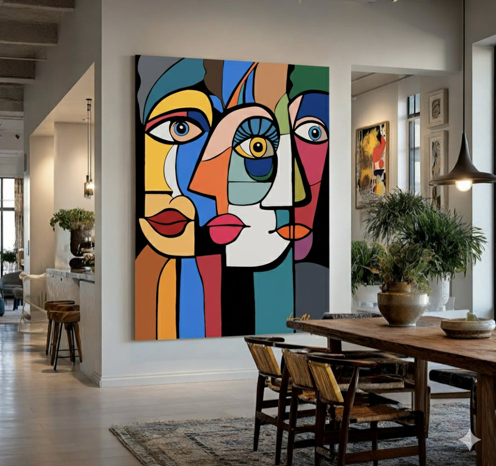 Connections in Form – Exclusive Painting on Canvas by Ilana McBain. Colorful abstract art piece on a wall in a modern living room.