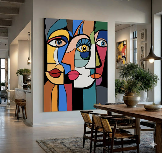 Connections in Form – Exclusive Painting on Canvas by Ilana McBain. Colorful abstract art piece on a wall in a modern living room.