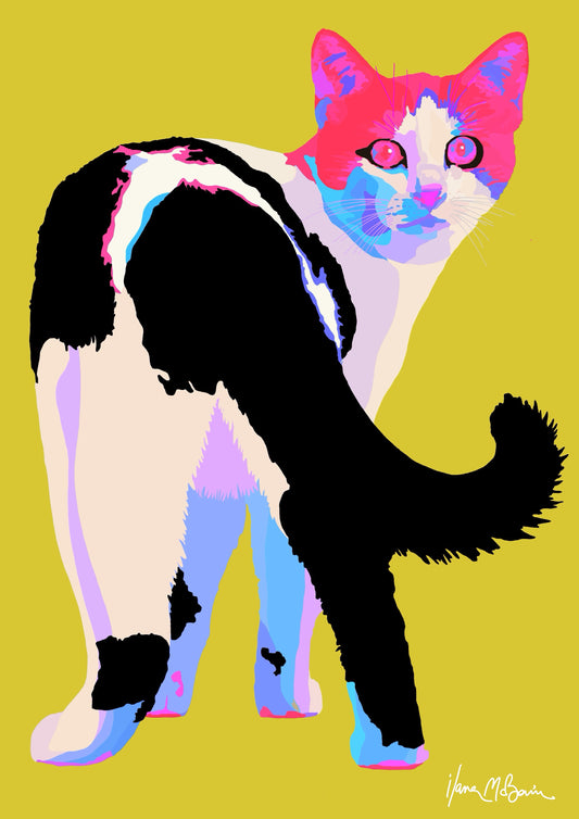 Pop-Art acrylic paint canvas, featuring a whimsical cat in Yellow Background