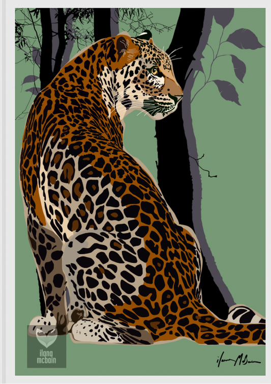 Painting of a leopard sitting in a forest with trees and foliage in the background. Art print.