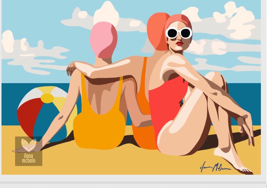 Painting of three women in swimsuits sitting on a beach with a colourful ball and blue sky. Retro pop art print.