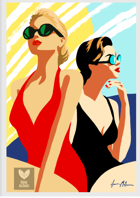 Painting of two women in swimsuits and sunglasses against a colourful background retro pop art print