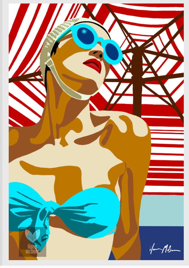 Artistic retro painting of a woman in a blue bikini and sunglasses against a red and white striped beach umbrella background.