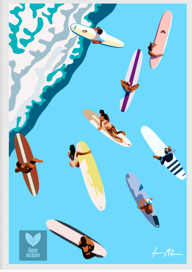Birds Eye view painting of people on surfboards on a blue sea and waves background.