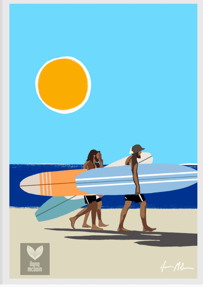 Painting of three men with surfboards walking on a beach under a blue sky with a yellow sun.