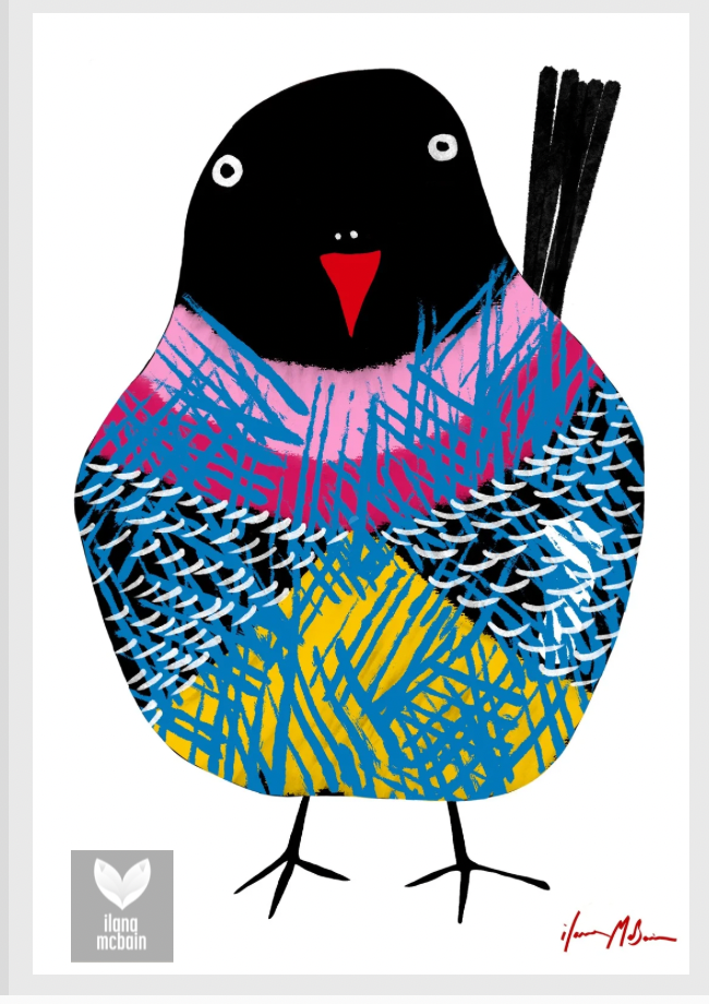 Painting of whimsical modern bird, art print. Colourful bird illustration with abstract patterns on a white background