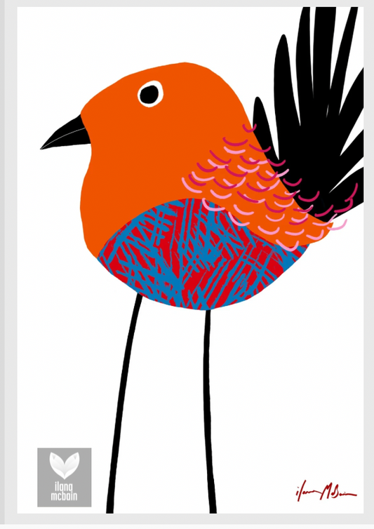 Feathered serenity - Bird art print By Ilana McBain. A graceful long legged red bird with multi coloured body and black tail.
