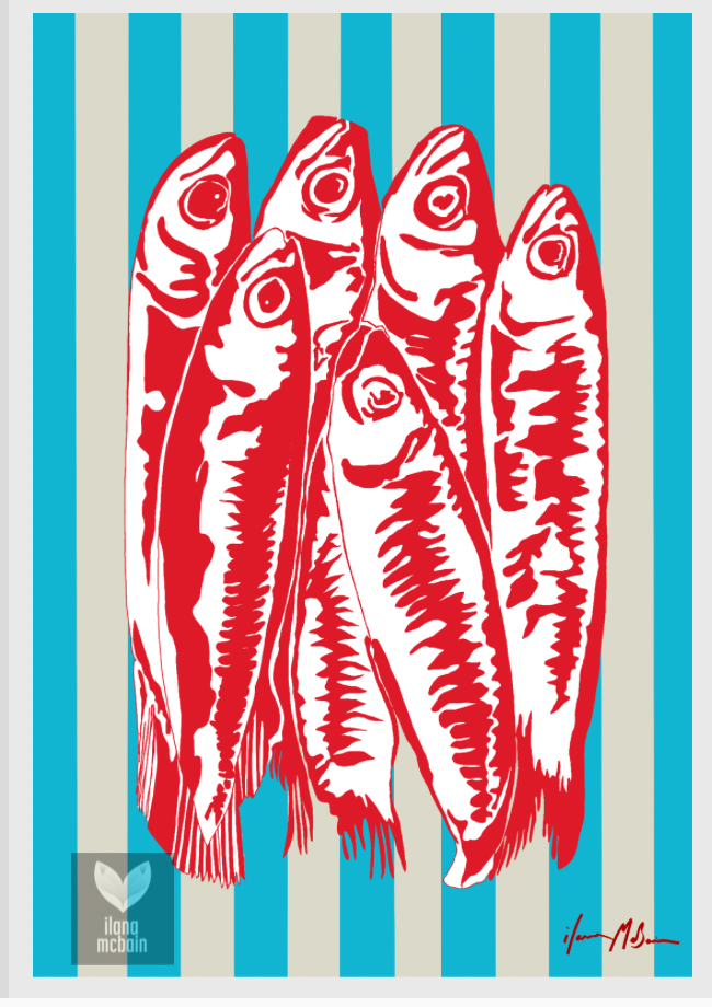 Pop art painting of red sardines on a blue and beige striped background. Art print 