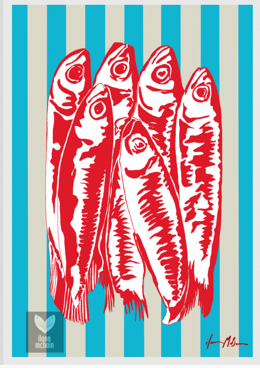 Pop art painting of red sardines on a blue and beige striped background. Art print 