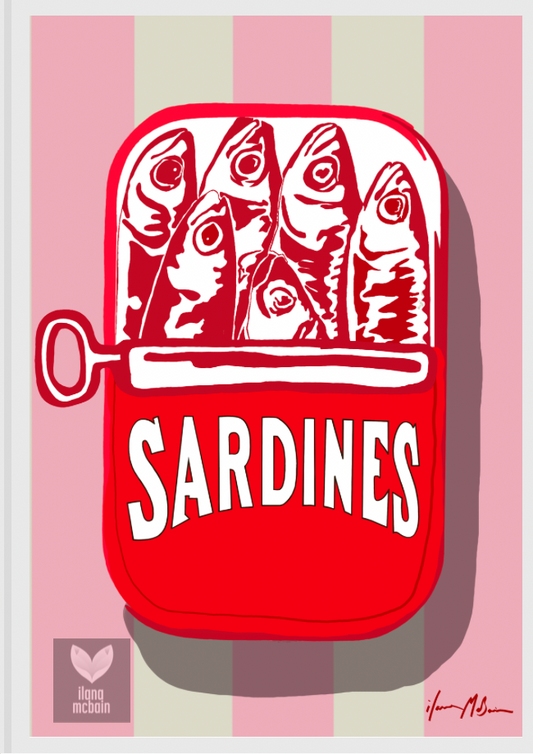 Art print painting of a sardine in a can on a pink and off white striped background