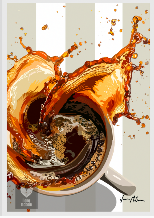 Dynamic painting of coffee splashing from a cup on a background of white a beige stripes. Art print.