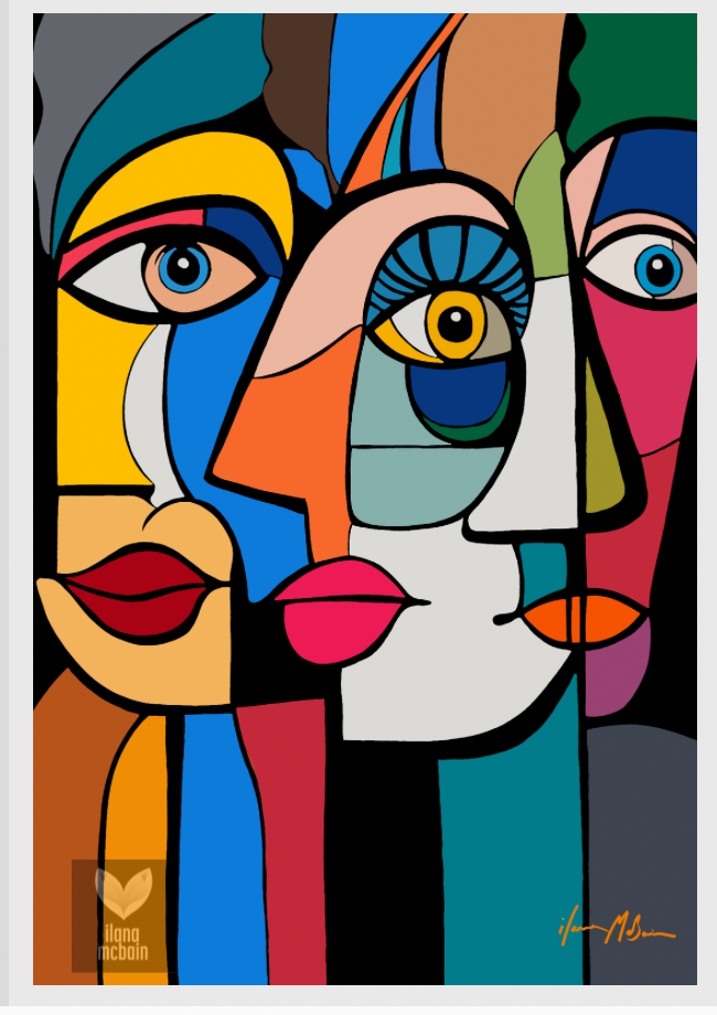 Connections in Form – Exclusive Painting by Ilana McBain. Abstract artwork of three stylised faces with colourful geometric shapes. Art print.