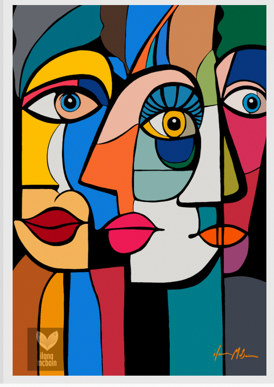 Connections in Form – Exclusive Painting by Ilana McBain. Abstract artwork of three stylised faces with colourful geometric shapes. Art print.