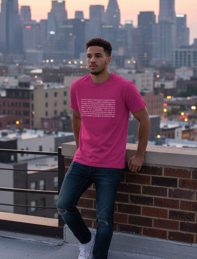 Man wearing a pink t-shirt with text, standing on a rooftop with a cityscape background