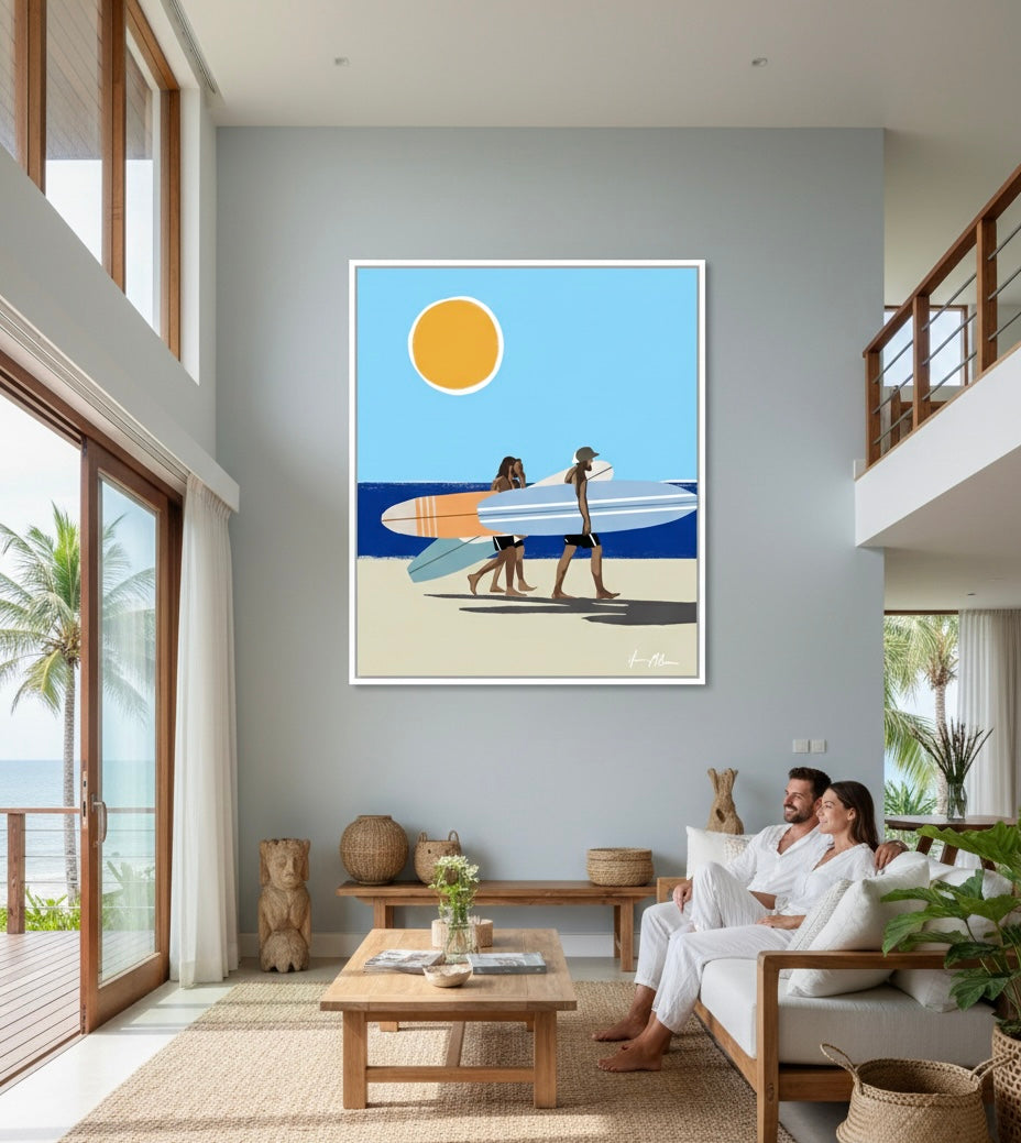 Living room with a large wall art of people with surfboards on a beach. Wave Chasers limited edition canvas artwork by Ilana McBain inspired by ocean movement and adventurous coastal energy