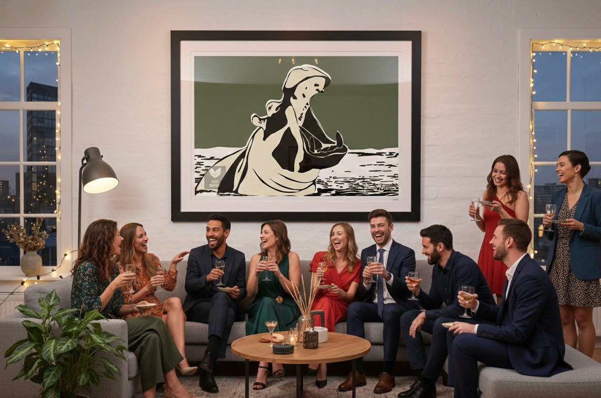 Not Here to Shrink by Ilana McBain, a contemporary pop art painting of a powerful hippo rising from water, symbolising confidence, calm strength, and self-belief. Group of people socializing in a modern living room with a framed artwork on the wall.