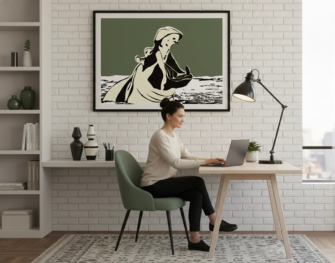 Not Here to Shrink by Ilana McBain, a contemporary pop art painting of a powerful hippo rising from water, symbolising confidence, calm strength, and self-belief. Woman working at a desk with a framed artwork on the wall in a home office setting.