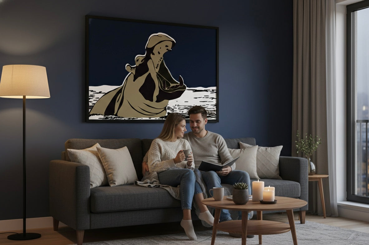Not Here to Shrink by Ilana McBain, a bold modern artwork featuring a hippo emerging from water at night, representing grounded power, confidence, and emotional strength. Couple sitting on a couch in a modern living room with a decorative painting on the wall.