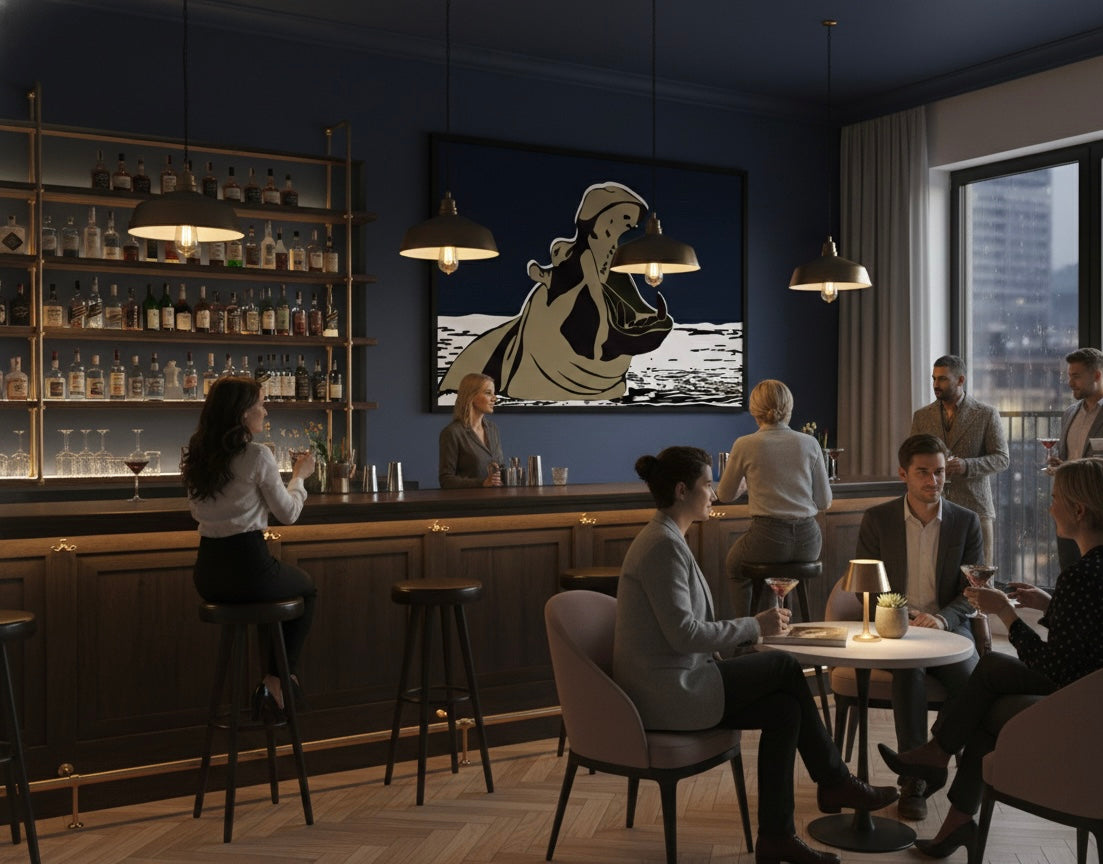 Not Here to Shrink by Ilana McBain, a bold modern artwork featuring a hippo emerging from water at night, representing grounded power, confidence, and emotional strength. Modern bar interior with patrons and a decorative hippo wall art.