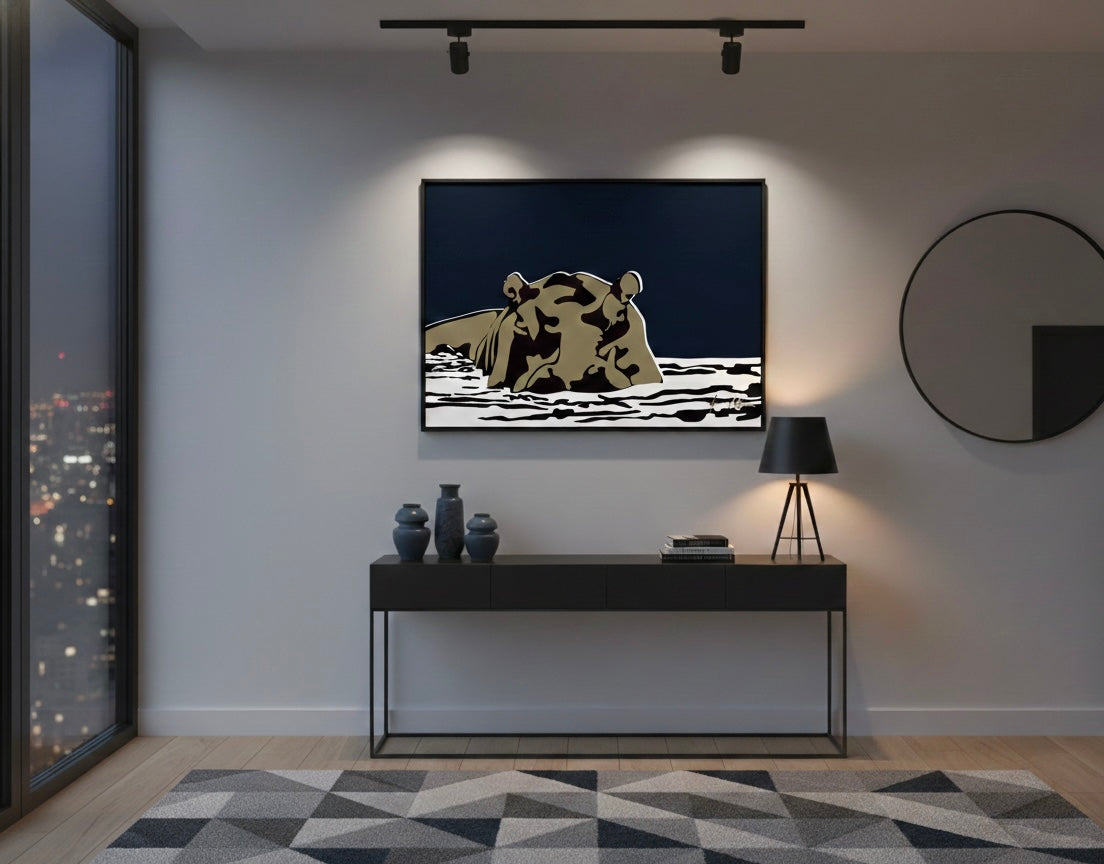 Boss of the River Night Edition by Ilana McBain, a dark contemporary hippo artwork representing quiet authority, protection, and grounded confidence.
Modern interior with a black console table, decorative items, and a wall art piece.